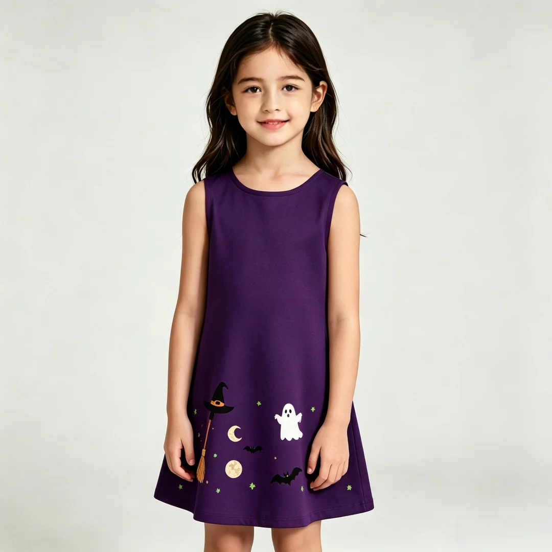 Girls 2026 Summer Sleeveless ALine Dress Halloween Pumpkin Ghost Bat Spider Web Print Casual Outfit for Holiday Party Daily Wear