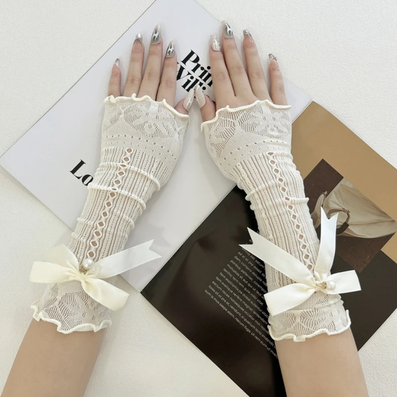 

Nail Shop Props Elegant Sweet Long Bow Fingerless Gloves Elastic Ruffle Decorative Sleeves Photography Tools for Manicure Artist