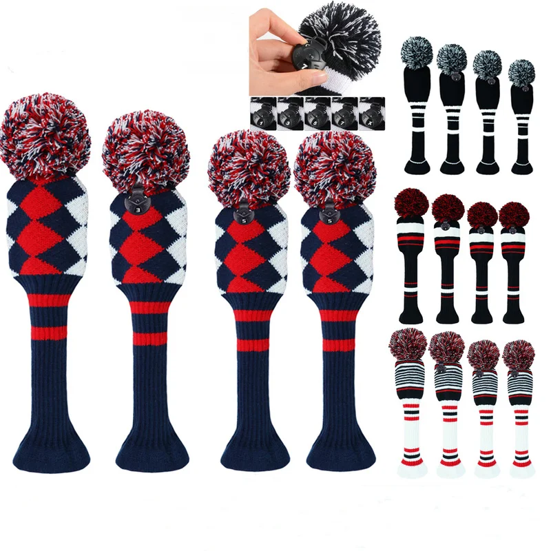 

3/4pcs Golf Knitted Pom Pom Sock Covers 1-3-5 Golf Wood Headcover For Golf Dirver/Fairway Golf Club Headcovers Golf Accessories