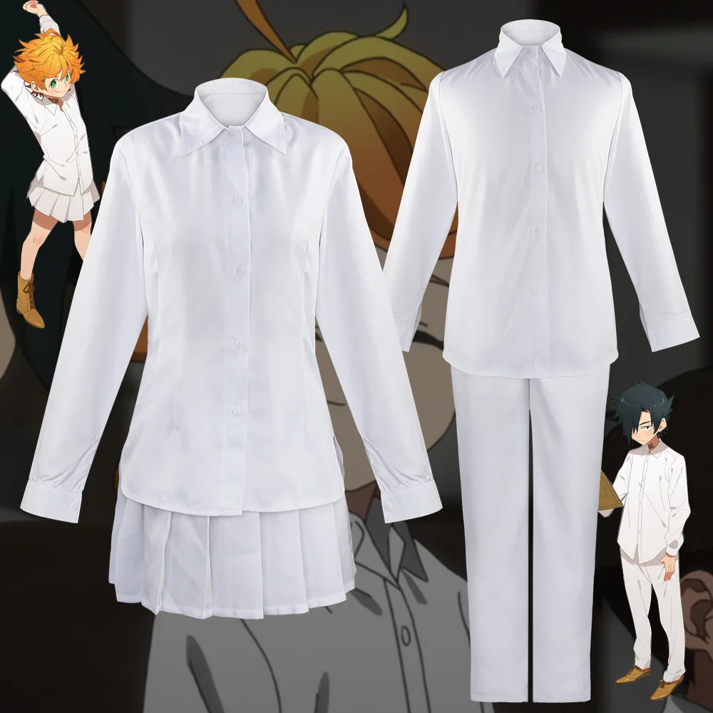 Disfraz de Emma Ray, disfraz de The Promised Neverland, uniforme blanco, camisa, falda, pantalones, conjunto completo, traje de anime para la guardería, fiesta de Halloween