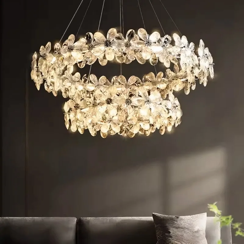 Luxury French Crystal LED Chandelier Floral Design Pendant Lights for Living Dining Room Bedroom Home Decor Lighting Fixture
