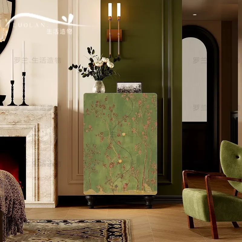 Green Flower Bird Art Storage Cabinet Solid Wood Home Living Room Entrance Locker Bedroom Corner Cabinet