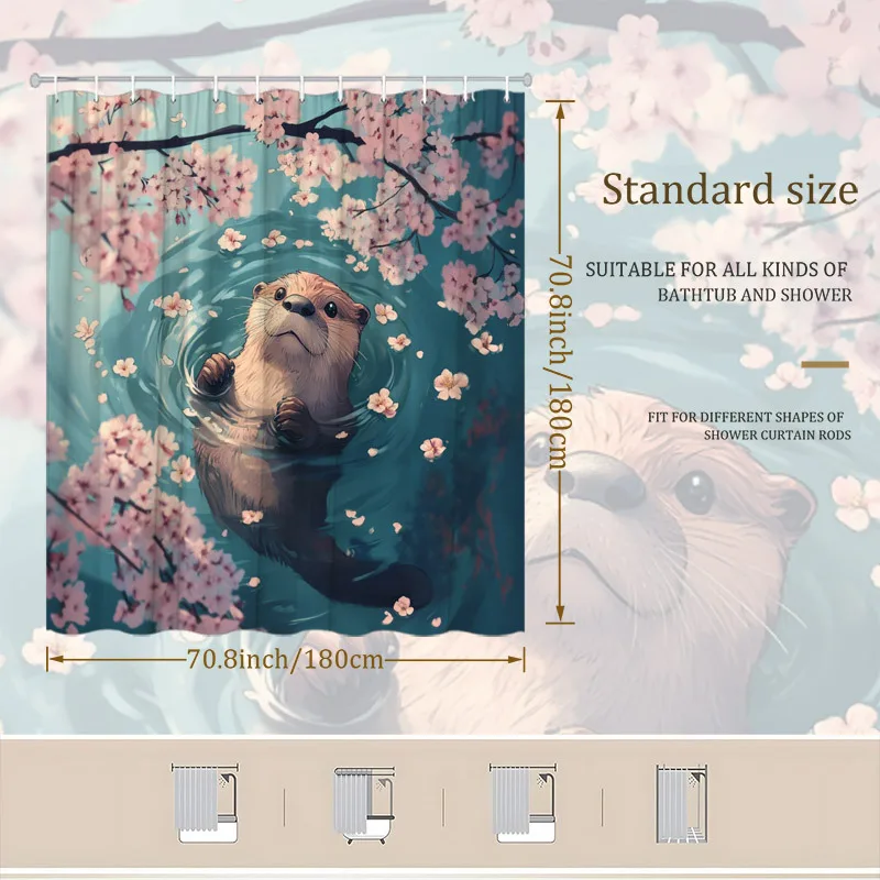 1pc Otter & Cherry Blossoms Shower Curtain - Turquoise Pond, Floating Petals, Cute Otter, Pastel Colors,Washable Polyester