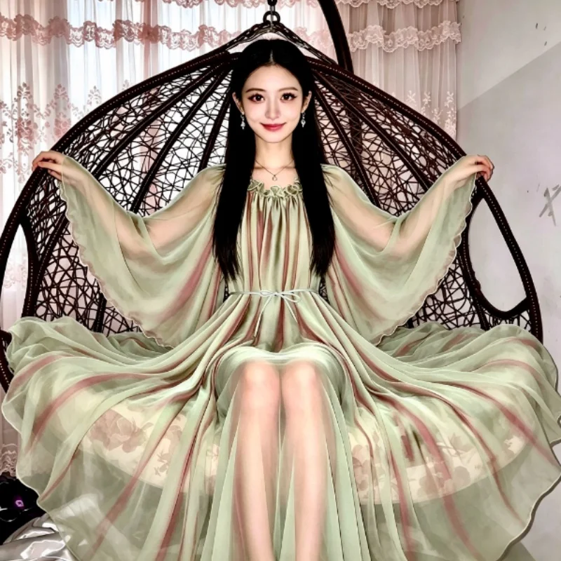 New Summer Women's Large Swing Dress Elegant Slimming Seaside Holiday Travel Beach Dresses Sexy Translucent Chiffon Long Dress