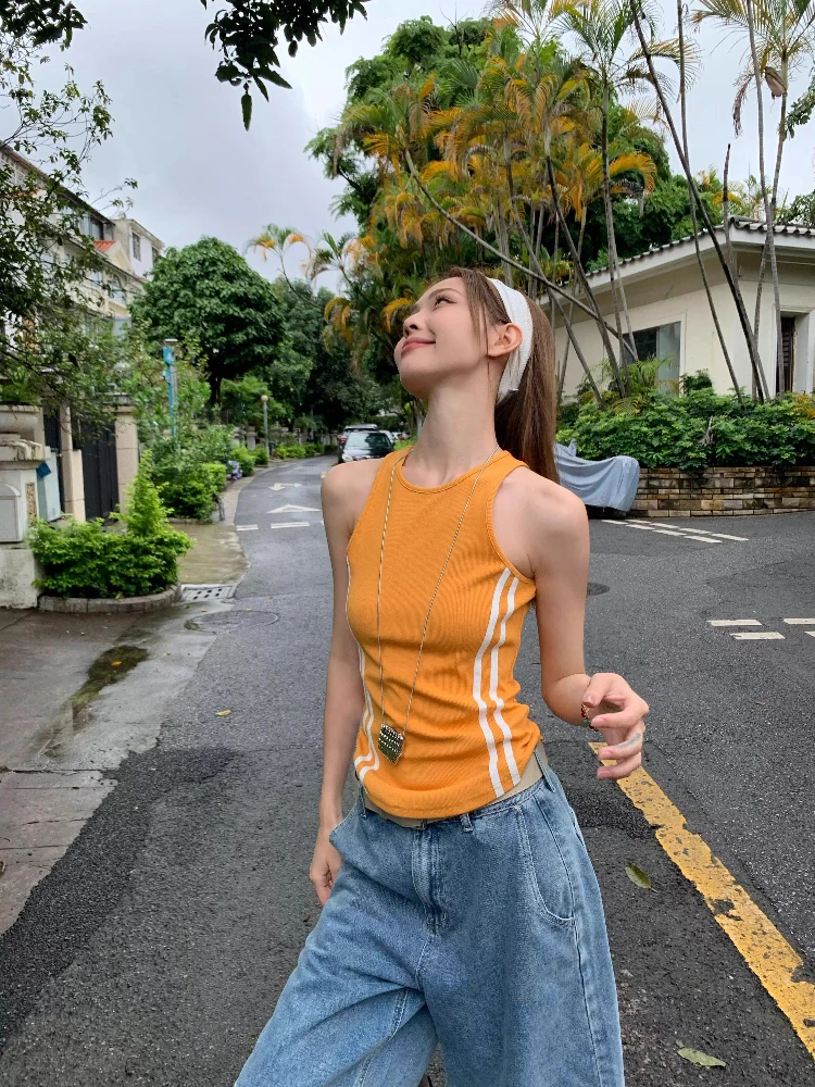 Women Vibrant Orange Contrast Stripe Ribbed Tank Top Summer Slim Fit Sleeveless Casual Cami Top Daily Going Out Street Outerwear