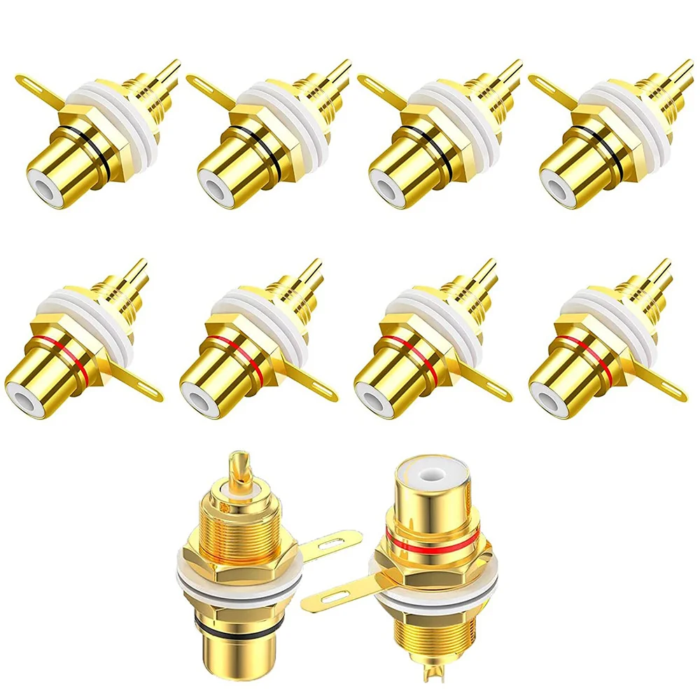 10Pcs RCA Female Jack Plated Rca Connector Gold Panel Mount Chassis Audio Socket Plug Bulkhead With Nut Solder Cup