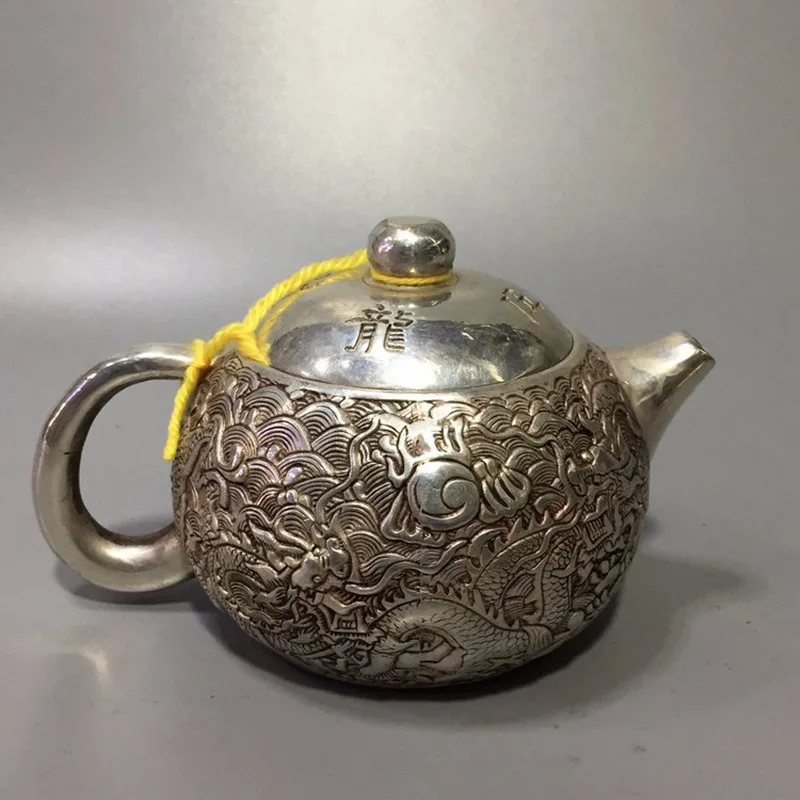 Antique Miscellaneous Items: Silversmith's Five Dragons Roaring in the Sea , Expertly Crafted Old Silver Pot, Anti