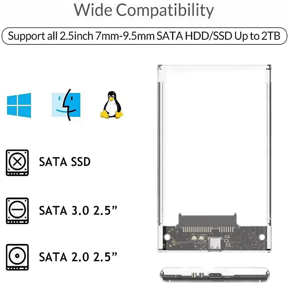 Carcasa de disco duro externo SATA a USB 2,5 de 3,0 pulgadas, funda transparente de disco duro portátil para SSD HDD SATA de 2,5 pulgadas, 7mm y 9,5mm, soporte