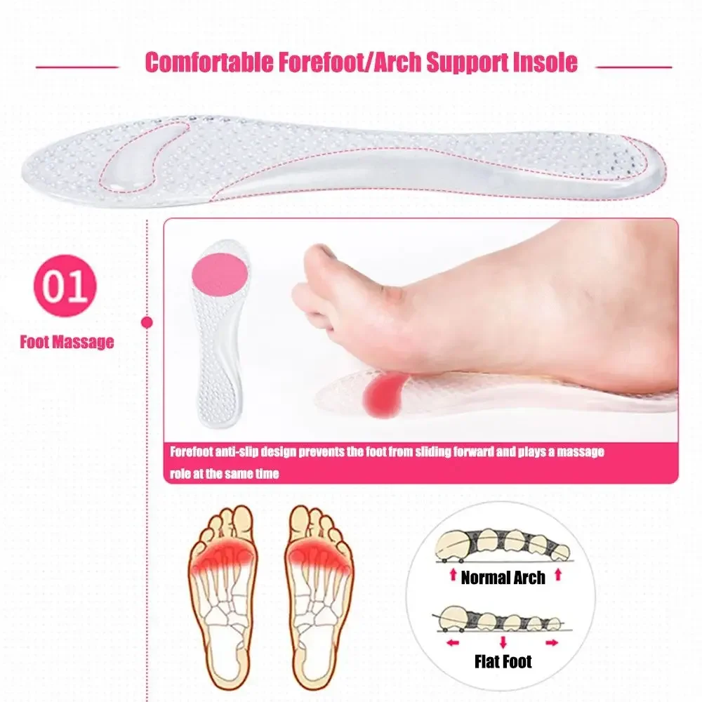 Gel Insoles for Women Shoes High Heel Arch Support Inserts 7 Point Shoe Pads Flat Feet Sols Massager Orthopedic Silicone Cushion