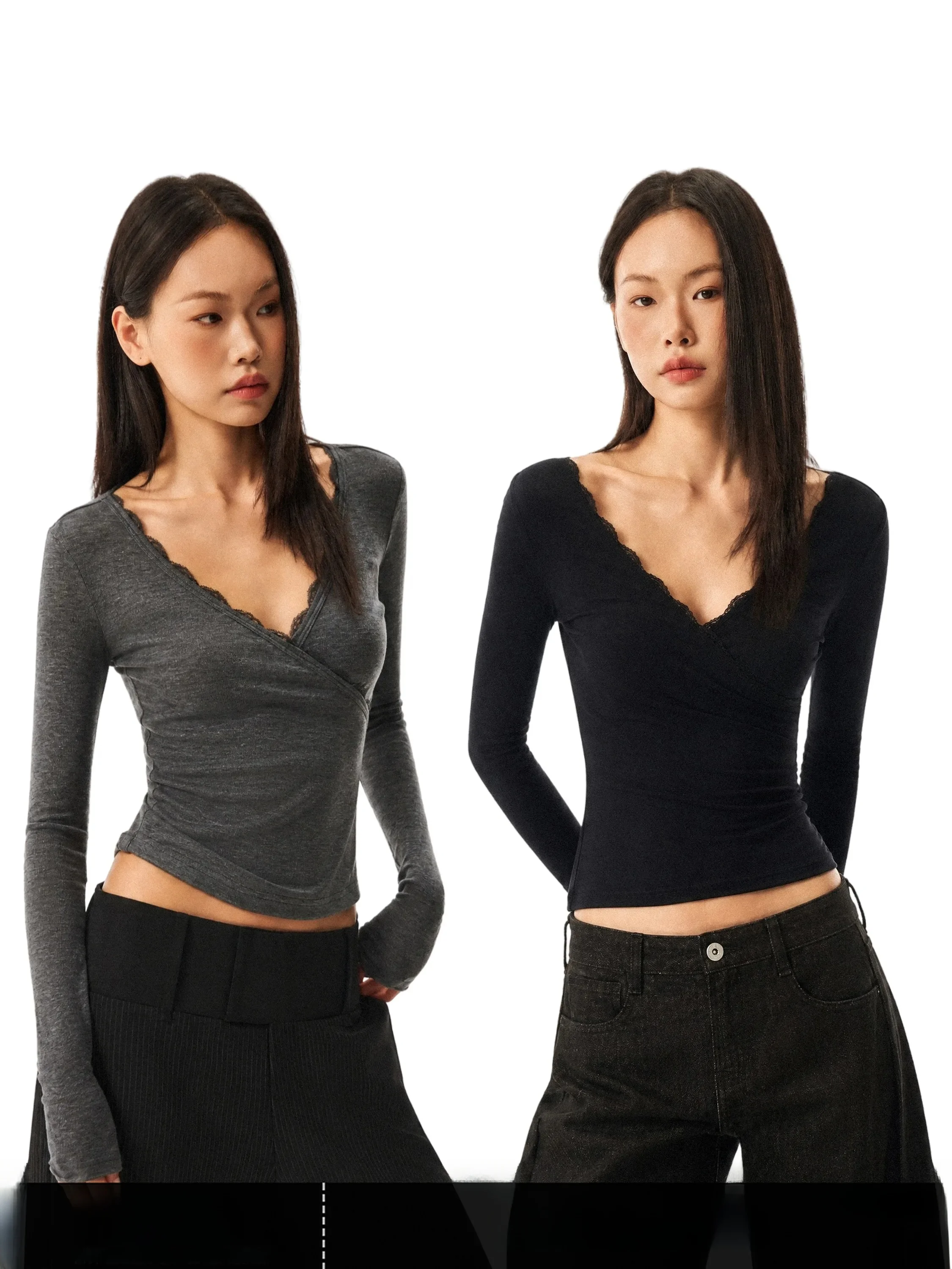 Gogo Burn Silk Long Sleeve T-Shirt Women's Lace Trim Fit V-neck Casual Style Autumn New Pure Color Waist-cinching Top