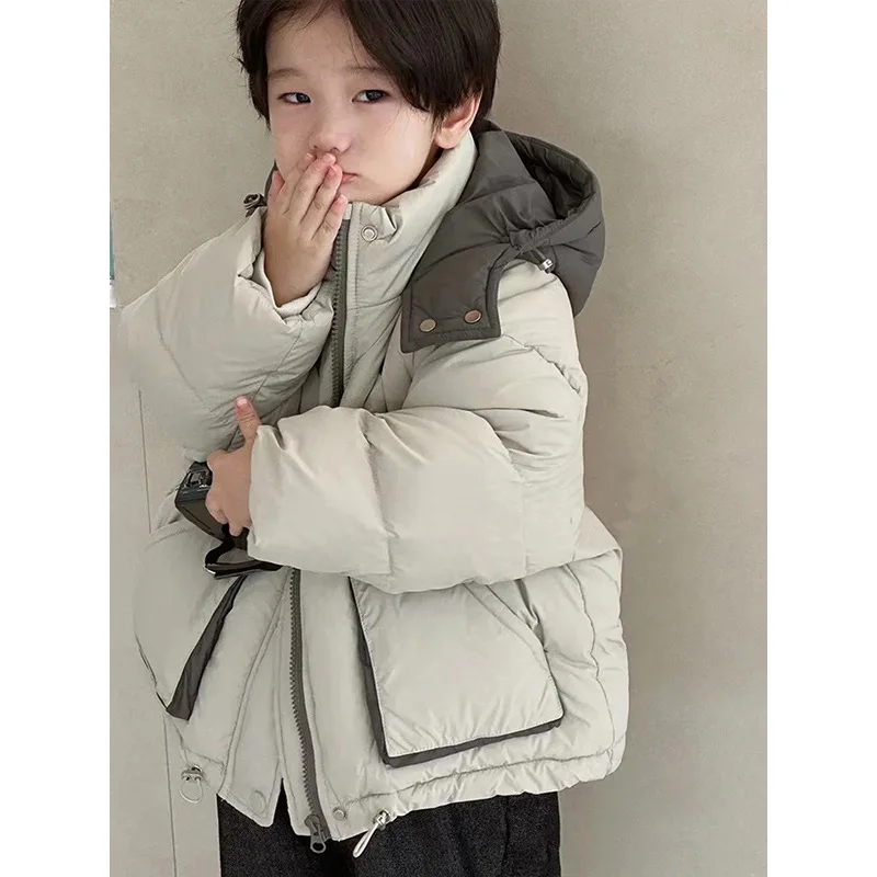 2024 Winter Junior Boys Parkas Cotton Padded Bear Printed Infant Babys Boys Jackets Loose Spliced Hooded Toddler Boys Outerwear