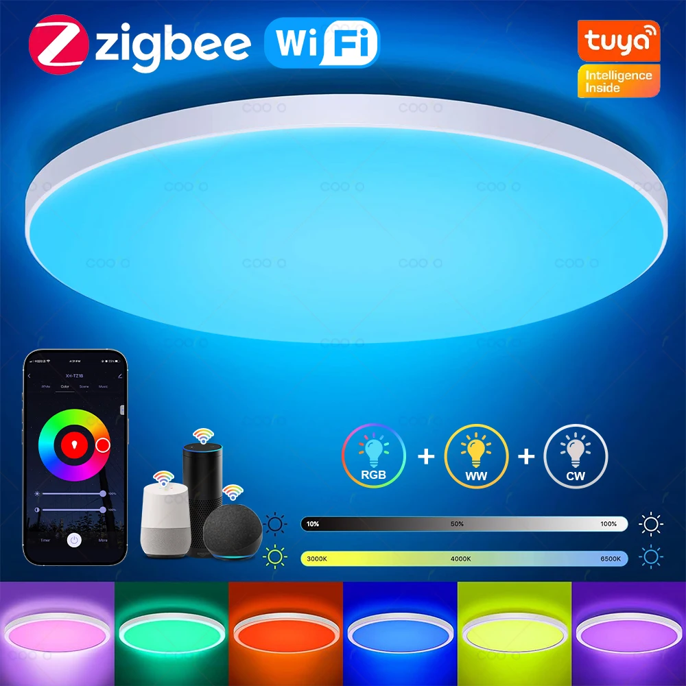 Умный светодиодный потолочный светильник Tuya Zigbee с Wi-Fi, для оформления комнаты, с голосовым управлением через приложение Alexa/Google, круглый потолочный светильник для гостиной.
