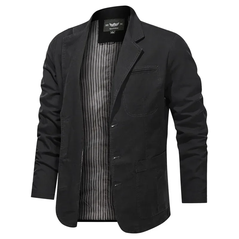Men's New Spring Fashion Vintage Solid Color Suit , Korean Version of Casual Loose Lapel Long-sleeved with Pockets