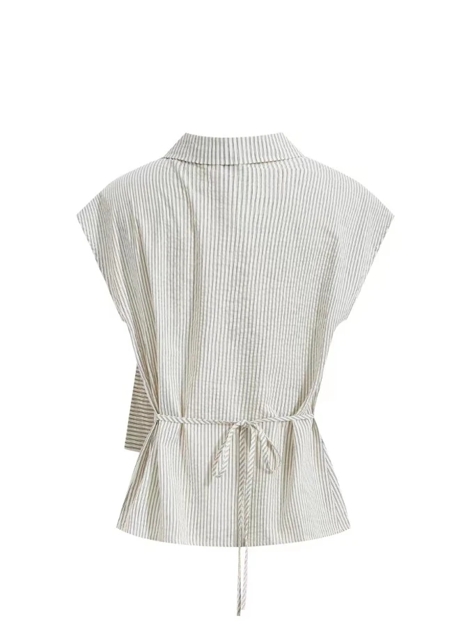 Summer Design Sense Waist Cinching Short Sleeve Shirt Women's Stand Collar Asymmetrical Tie Drape Striped Top Fashion