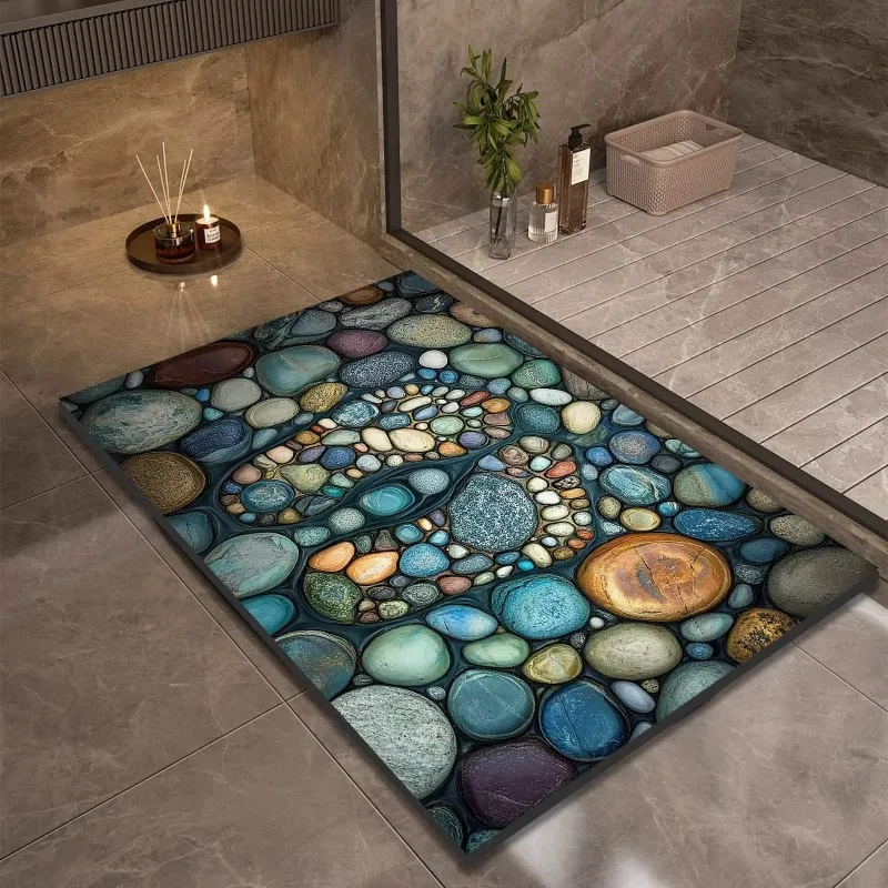 VIKAMA Natural Cobblestone Bath Mat Super Absorbent Non-Slip Quick Dry Floor Rug Imitation Stone Doormat for Bathroom