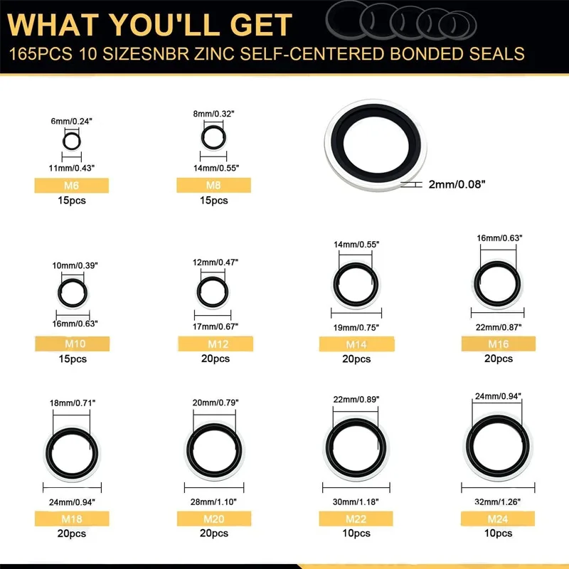 165Pcs Bonded Dowty Washers M6-M24 Kit Bonded Seals With Nitrile Rubber for Sump Plugs Oil Flat Seal Ring Gasket Rondelle Set