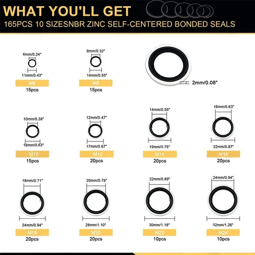 Imagen 2 del producto Kit de M6-M24 de arandelas adheridas con goma de nitrilo para tapones de sumidero, anillo de sellado plano de aceite, juego de arandelas, 165 Uds.