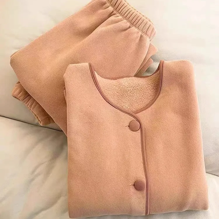 Women's Winter Sleepwear 2024 New Thickened Coral Fleece and Velvet Small Fragrant Style Cardigan Pajama Sets Loungewear