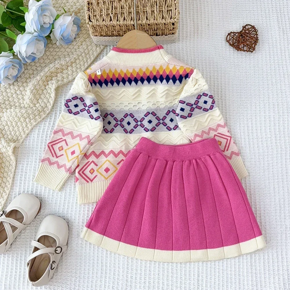 Geometric Pattern Printed Round Neck Long Sleeved Sweater+color Blocked Pleated Skirt 2-piece Sets Winter Children's Clothing