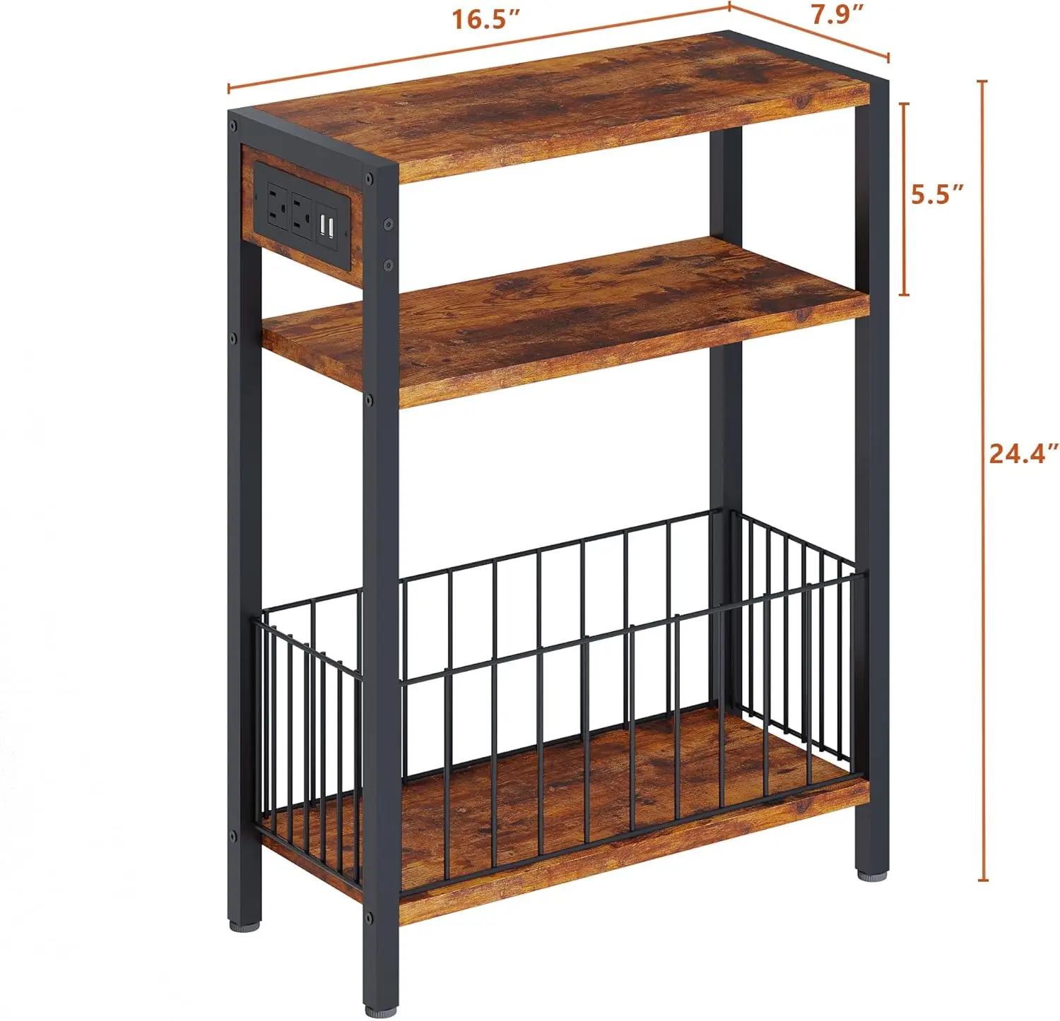 

Narrow Side Table With Charging Station, Small End Table For Small Spaces, Slim Nightstand With Storage Basket, 3 Tier Skinny