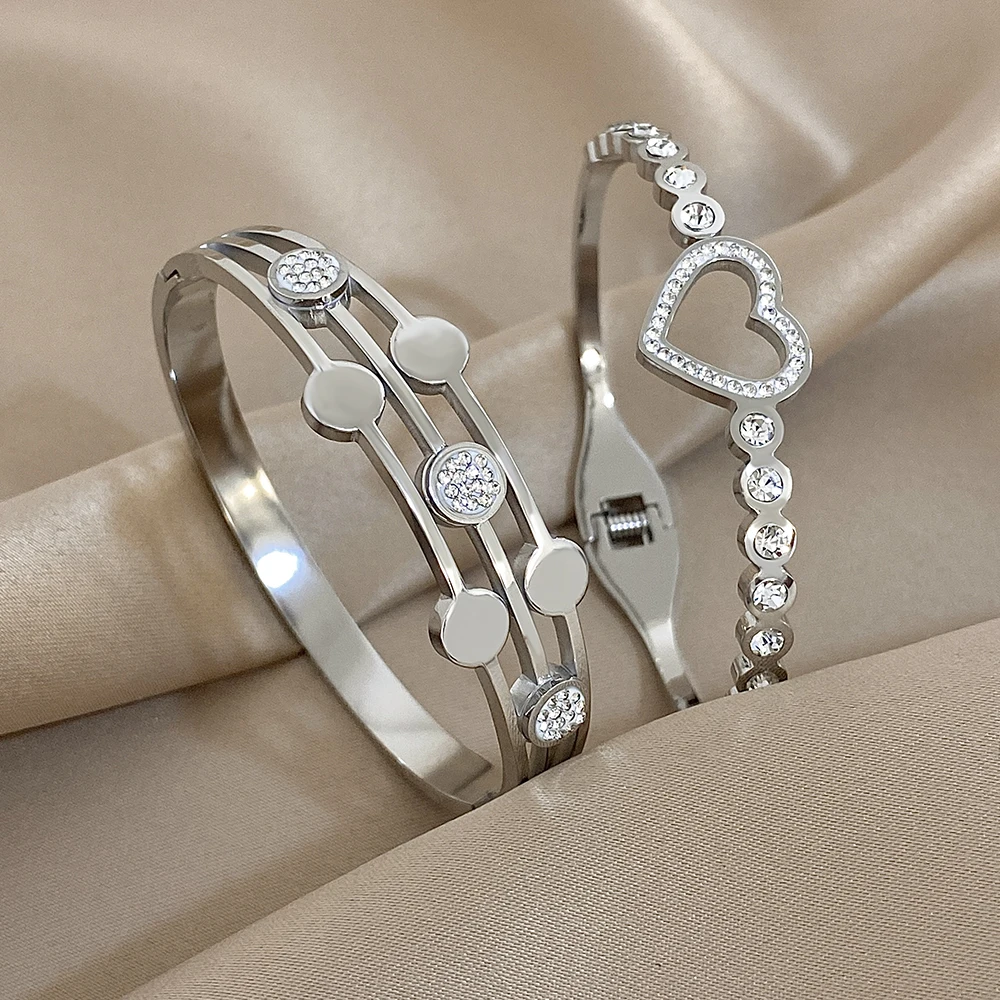 Trendy Silber Farbe Edelstahl Manschette Armband für Frauen Exquisite Geometrische Herz Strass Armreif Armbänder Schmuck Geschenke