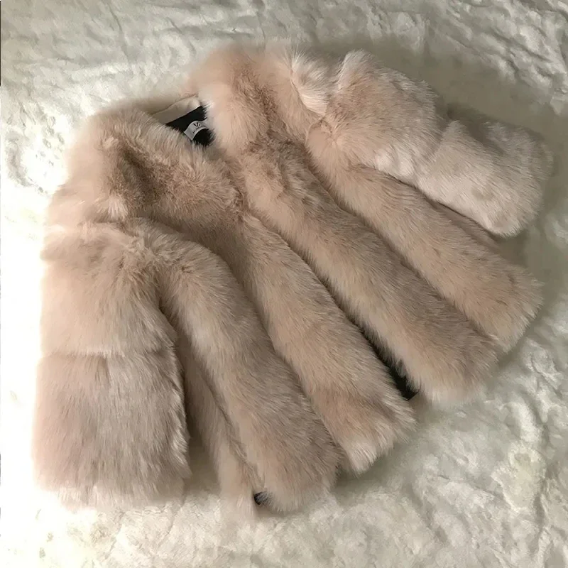 2024 Winter Women Thick Warm Pink Fur Coat Fashion Faux Fox Fur Coat Female Three Quarter Sleeve Artificial Fur Fluffy Jacket