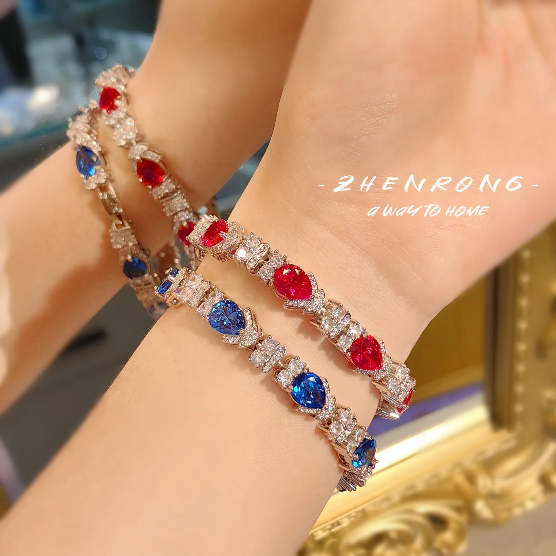 Foydjew Luxury Full Zircon Cobalt Spinel/Red Corundum High Carbon Diamond Bracelets Fashionable Simple 17cm Chain Bracelet