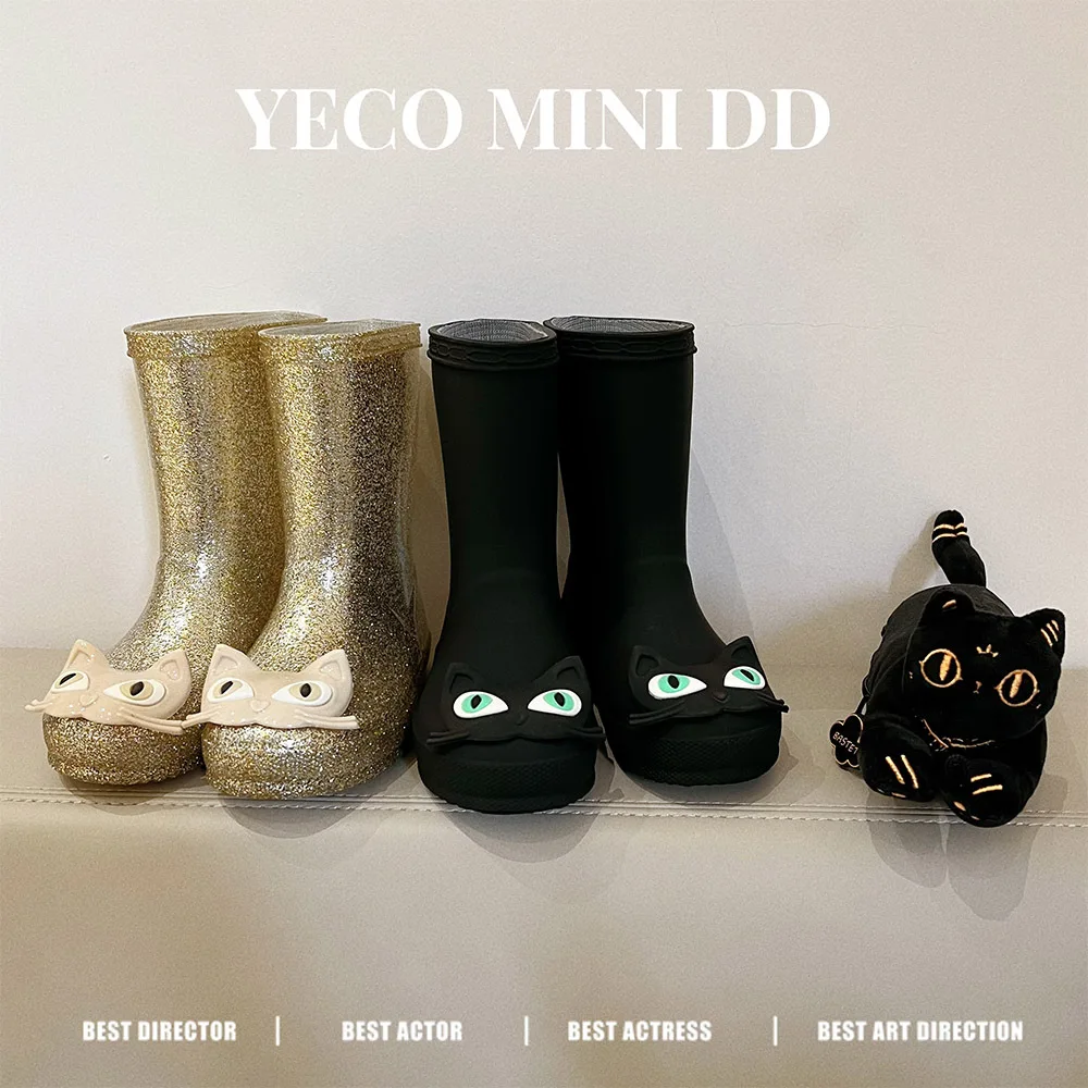 MINI DD Children's Rain Boots Girls Boys Cute Cats Midsole Rain Shoes Baby Kids Waterproof Shoes School Students Jelly Boots