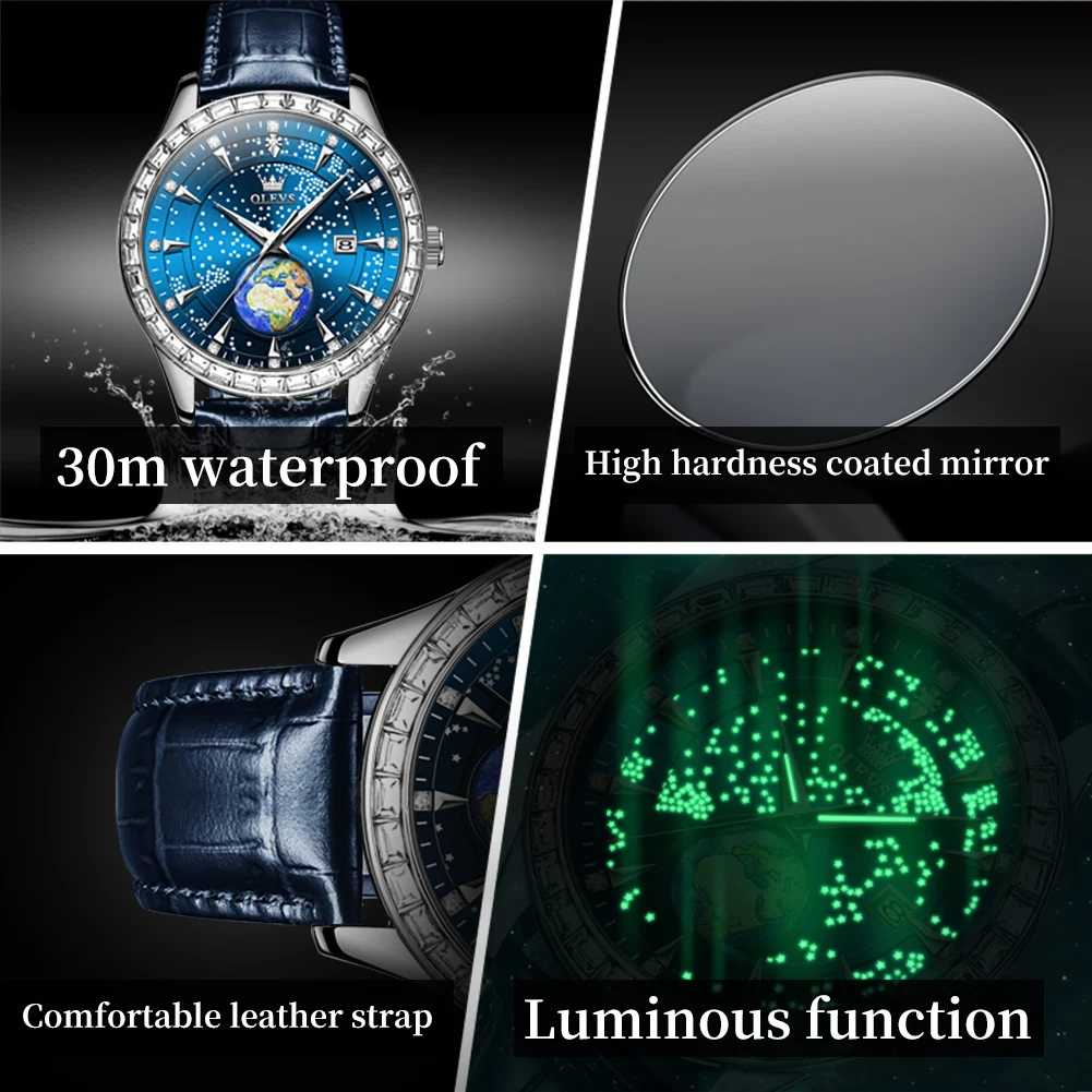 OLEVS Quartz Watch for Man Luxury Diamond Blue Leather Stainless steel Wristwatch Starry Sky Globe Luminous Dial Men\'s Watch