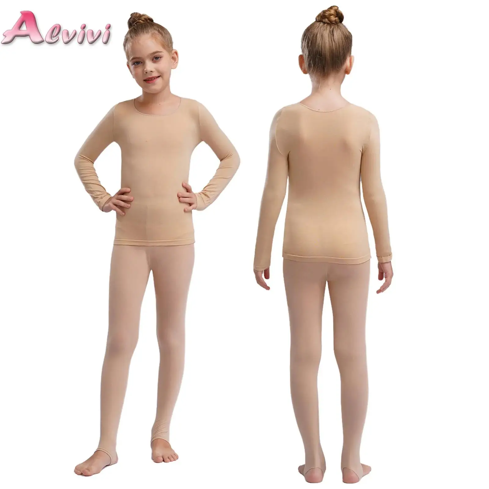 

Girls Dance Wear Leotard Long Sleeve Ballet Practice Set for Kids Nude Long Sleeve Top+Pantyhose Leggings Pants Underwear Outfit