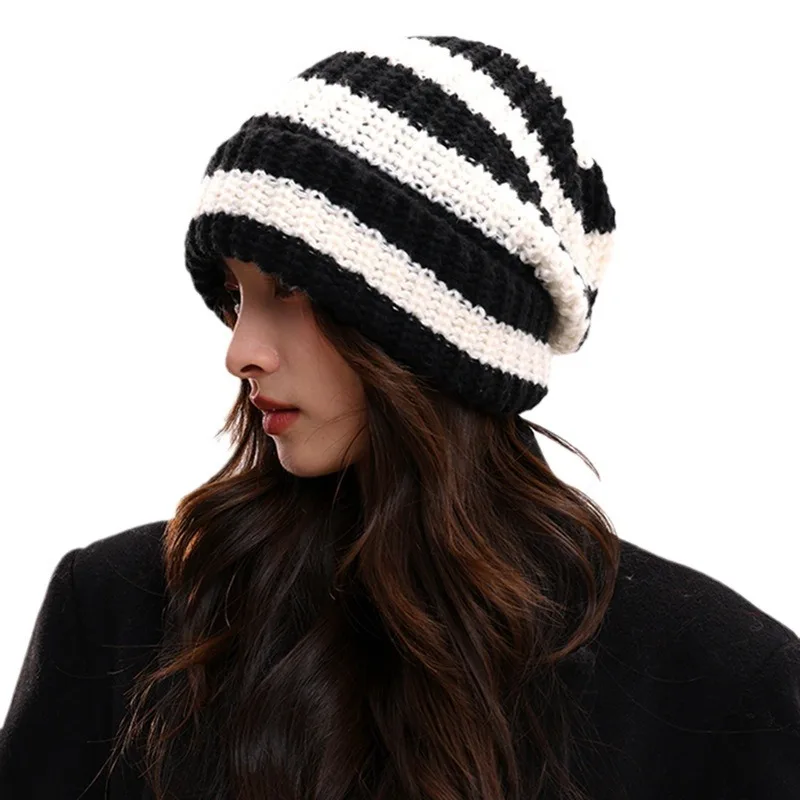 قبعة محبوكة مخططة عصرية للخريف والشتاء للنساء والرجال حماية الأذن الدافئة محيط الرأس الكبير قبعة بيني #5