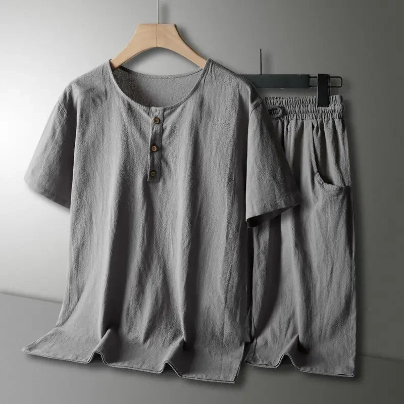 

Linen Short-sleeve Shorts Set for Men, Chinese-style Loose Round Neck Summer Fashion Casual Sportswear