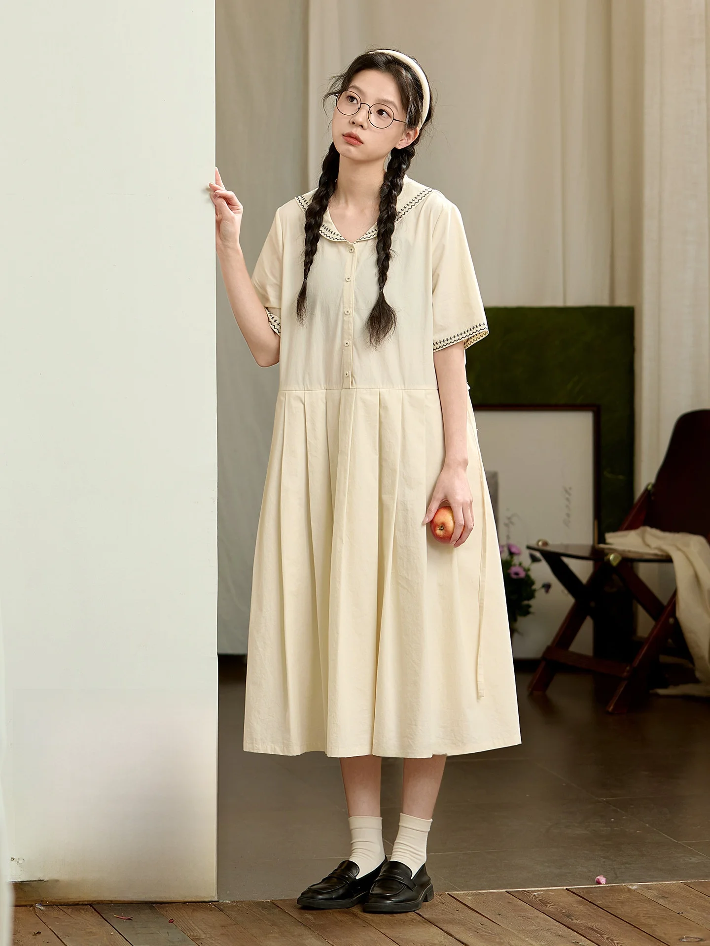 

Original Japanese Style Pure Cotton Naval Collar Dress Women's Summer Loose College Style Midi Skirt Breathable Short Sleeve