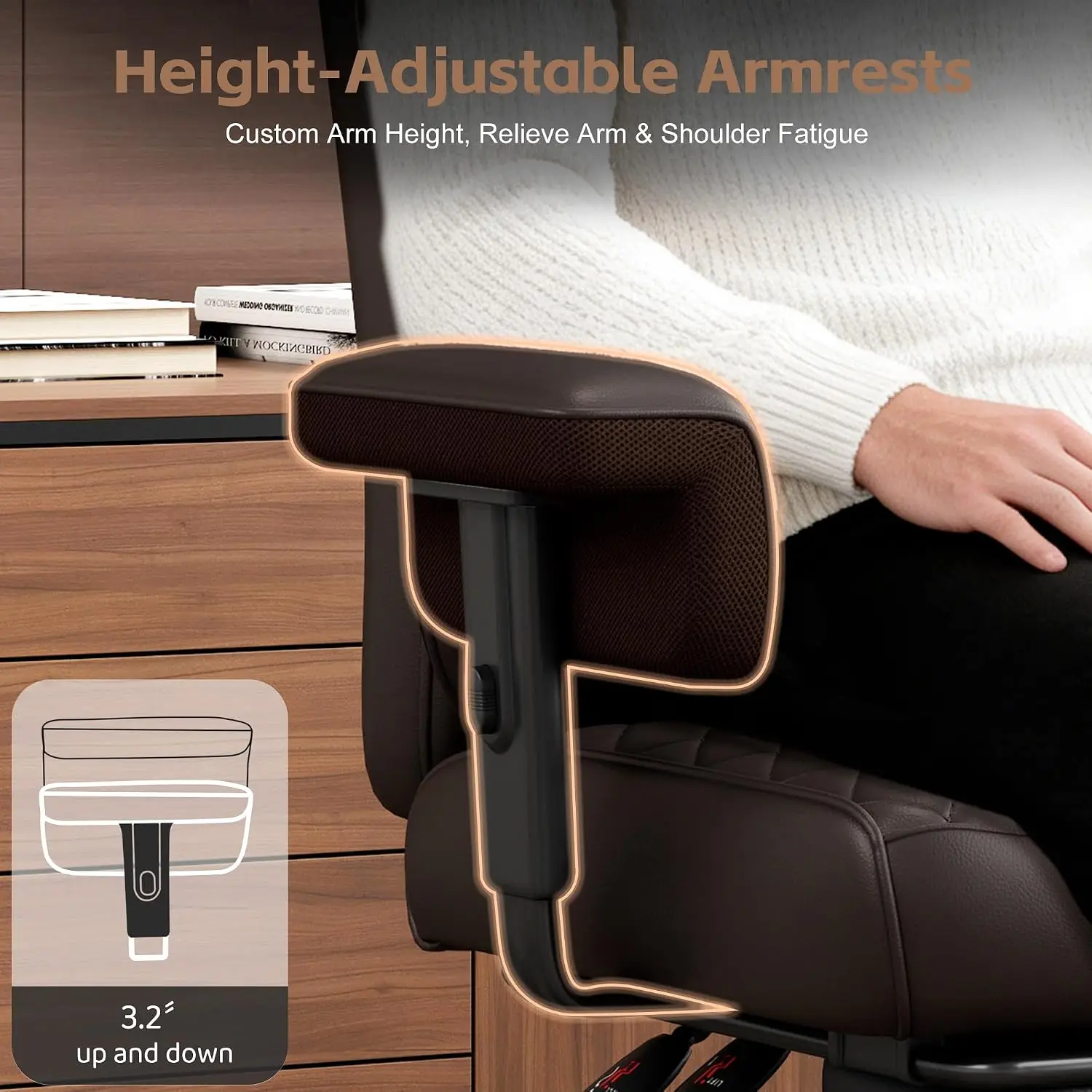 Ergonomic Office Chair with Adjustable Armrests & Lumbar Support, High Back Executive Chair, Brown, Customized