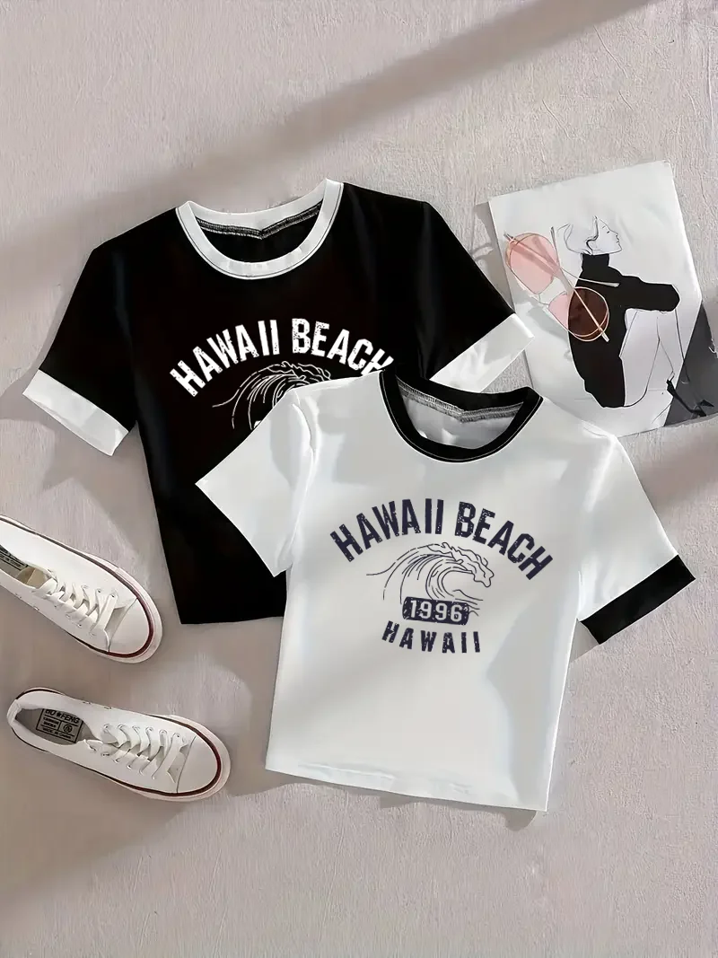 2-Pack - Women's Spring and Summer Casual Letter Wave Print Round Neck T-Shirt