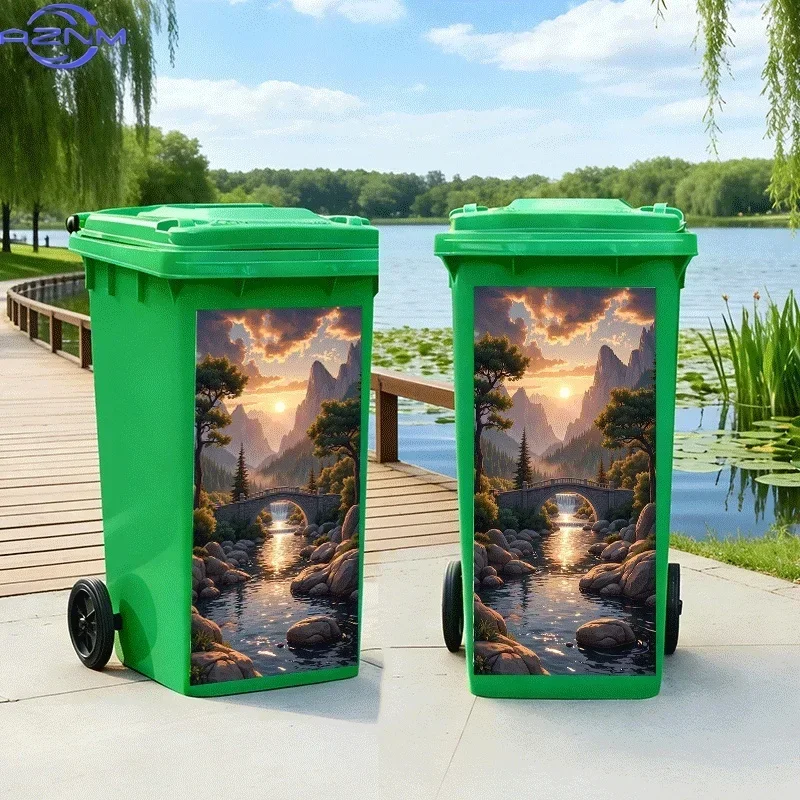 2D 1PCTrash Can Sticker, Stream and Bridge Sunset Scene, Animal Theme Design, Self-Adhesive Wall Decal Wallpaper, Kitchen Tras
