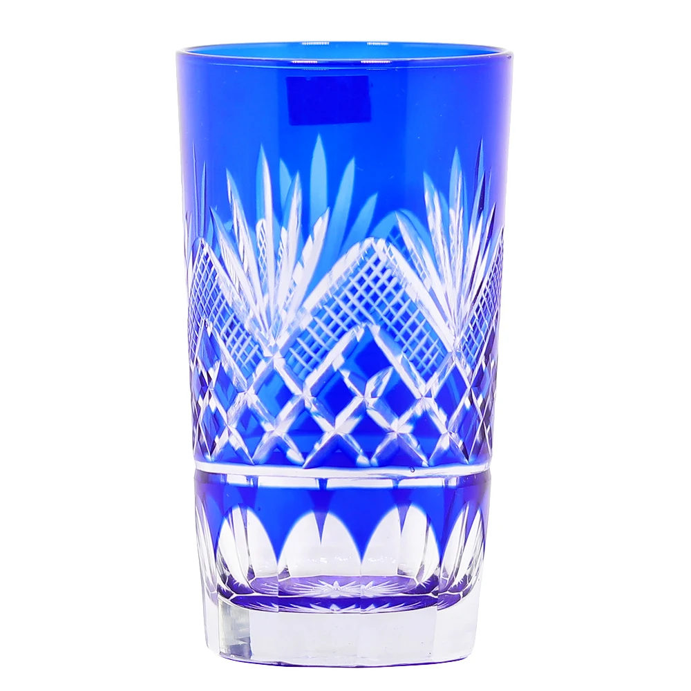 2 Pieces Blue Japanese Edo Kiriko Hand Cut To Clear Wine Glass Tumbler 180ml/6oz