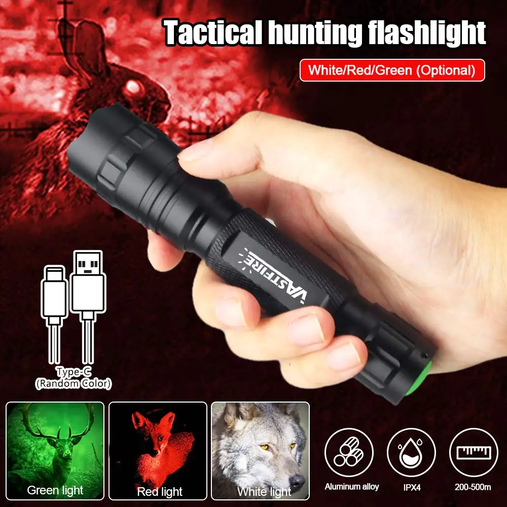 Vastfire LED Professional Hunting Green Red White Flashlight Tactical 1Mode Torch USB Rechargeable Lantern Power by18650 Battery