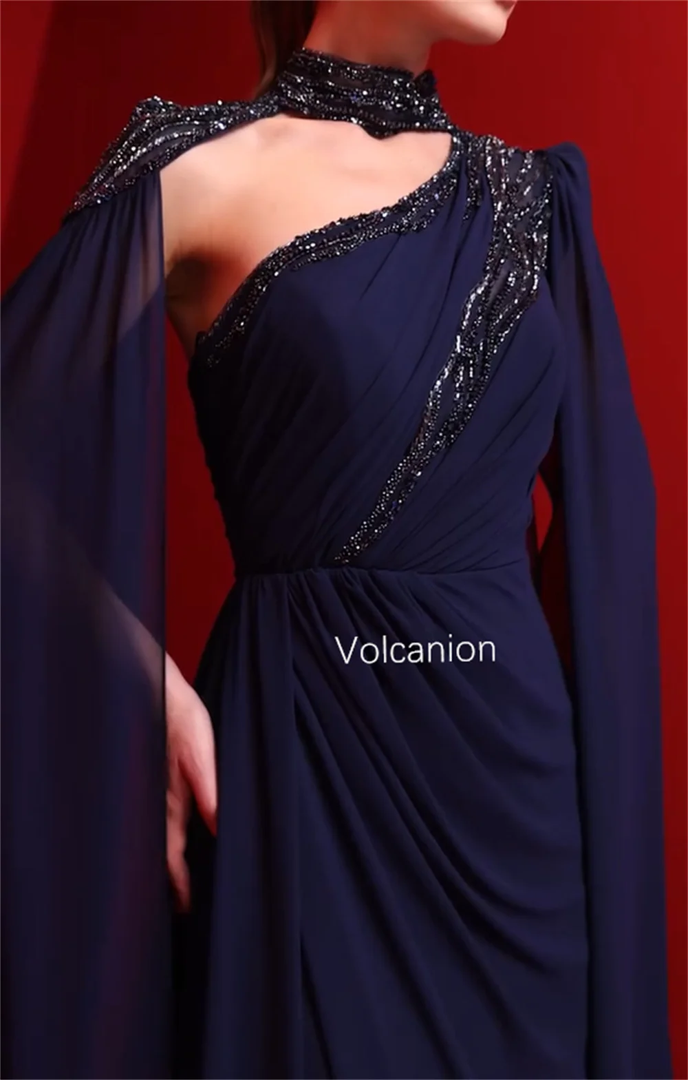 Customized Chiffon Pleat A-line High Collar Long Dresses Bespoke Occasion Cocktail Exquisite Fashion Matching