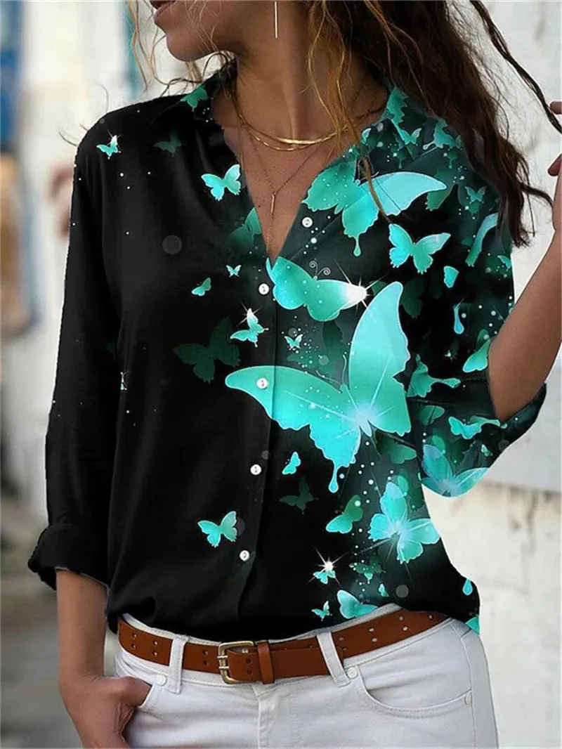Fashion Butterfly Pattern 3D Print Women Long Sleeve Shirts Spring Autumn Holiday Casual Street Ladies Blouse Women's Clothing