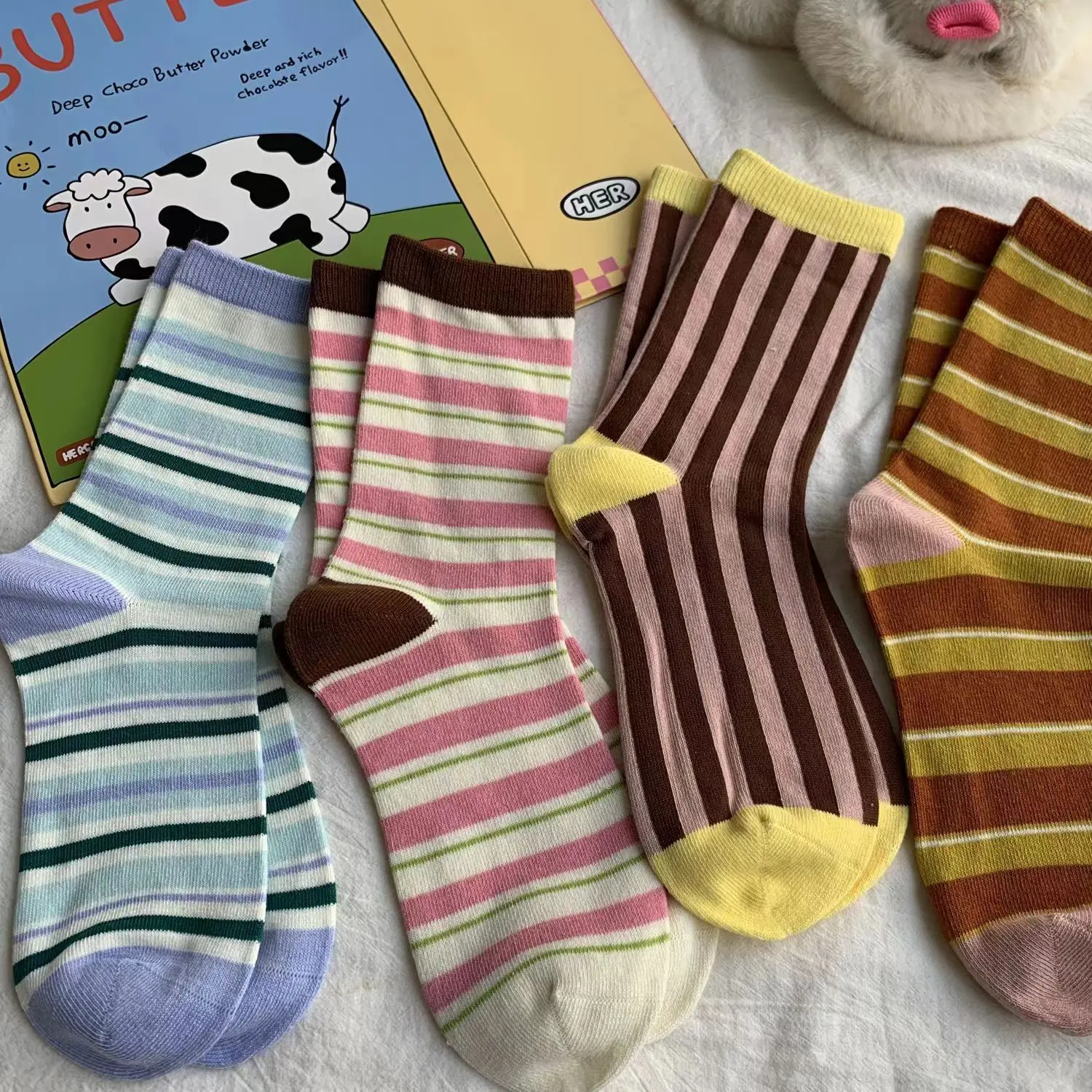 Women's Socks Autumn Dopamine Color Japanese-style Fresh Striped Pile Socks Korean Style Fashion Versatile Mid-Calf Socks Simple