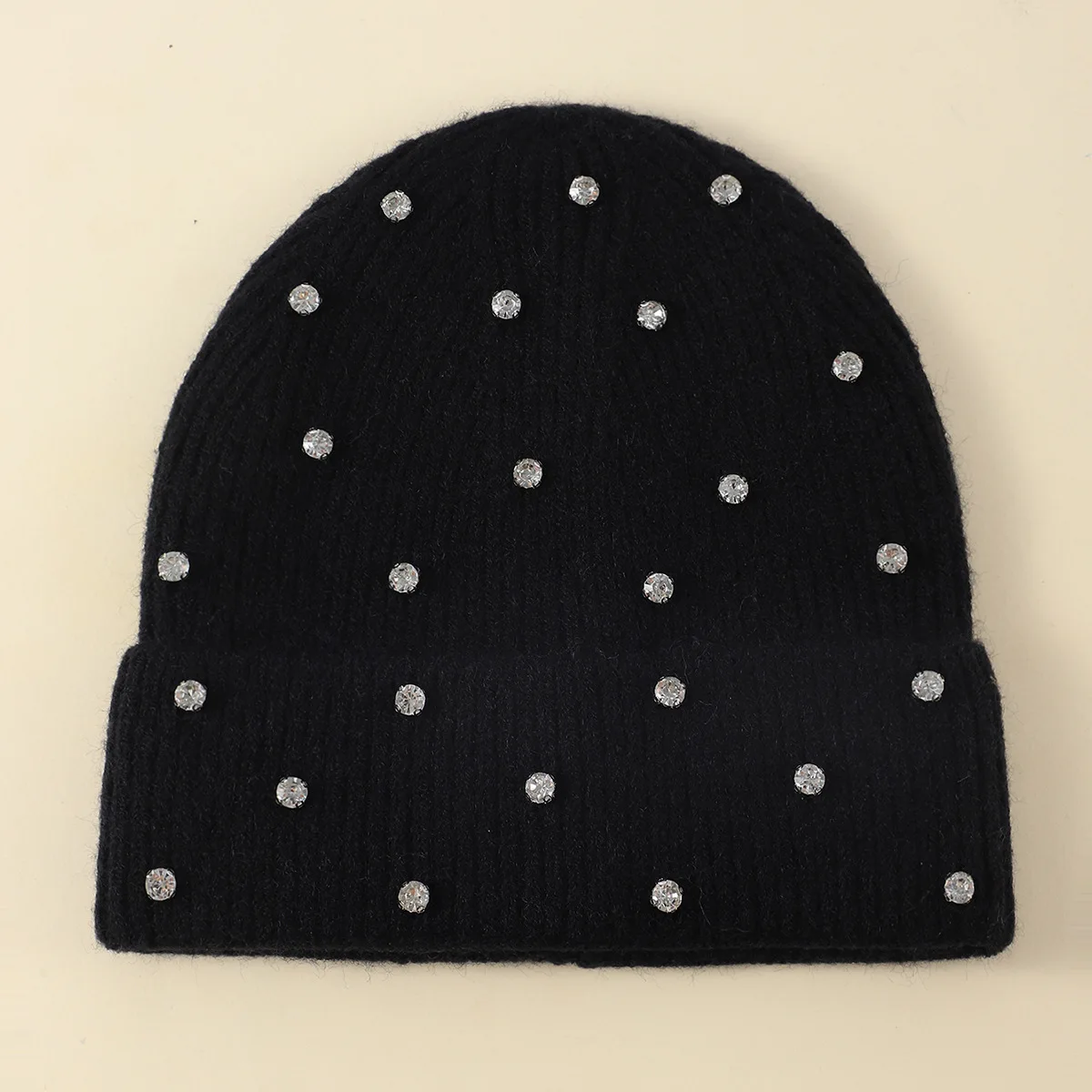 Winter Gestrickte Beanie Frauen Mode Strass Perlen Stricken Hüte Damen Casual Skullies Kappe Weibliche Einfarbig Casual Knochen – Detail 11