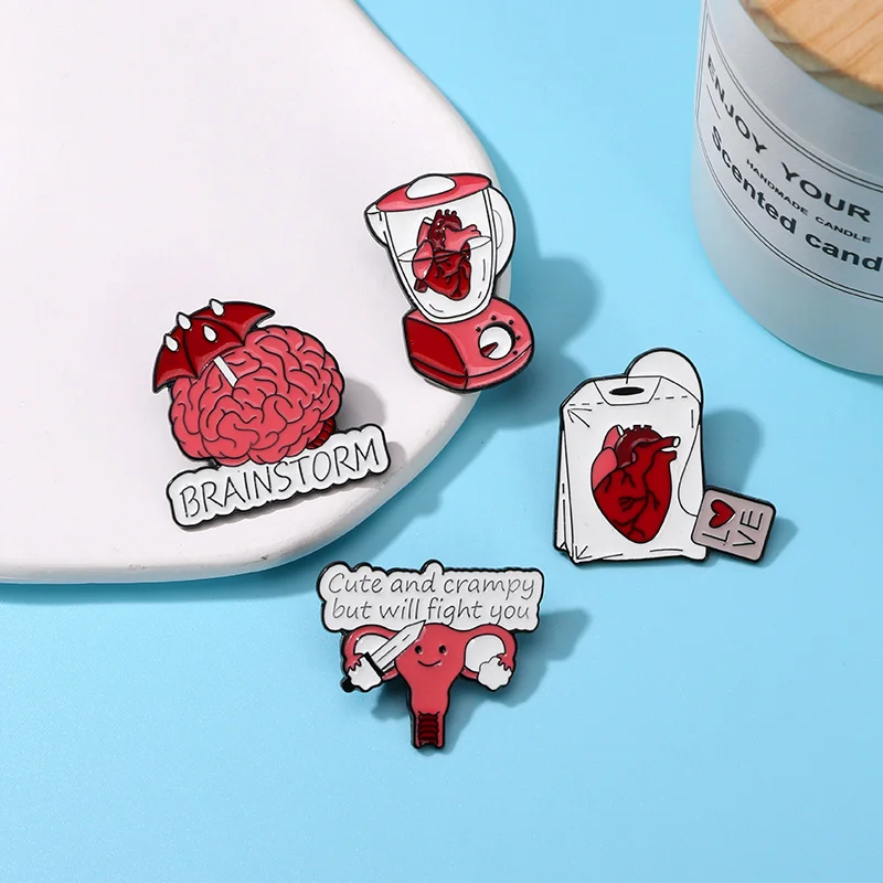 Statement Red Brain Heart Theme Pins Tea Love Umbrella Pattern Brainstorm Enamel Brooches Cheap Hiphop Jewelry Wholesale