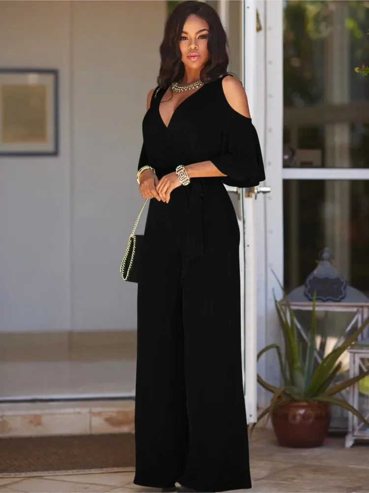 2024 Summer Elegant Jumpsuits Women Solid Sexy Deep V Neck Short Sleeve Romper Fashion Slim Fit Lace Up Female Wide Leg Jumpsuit