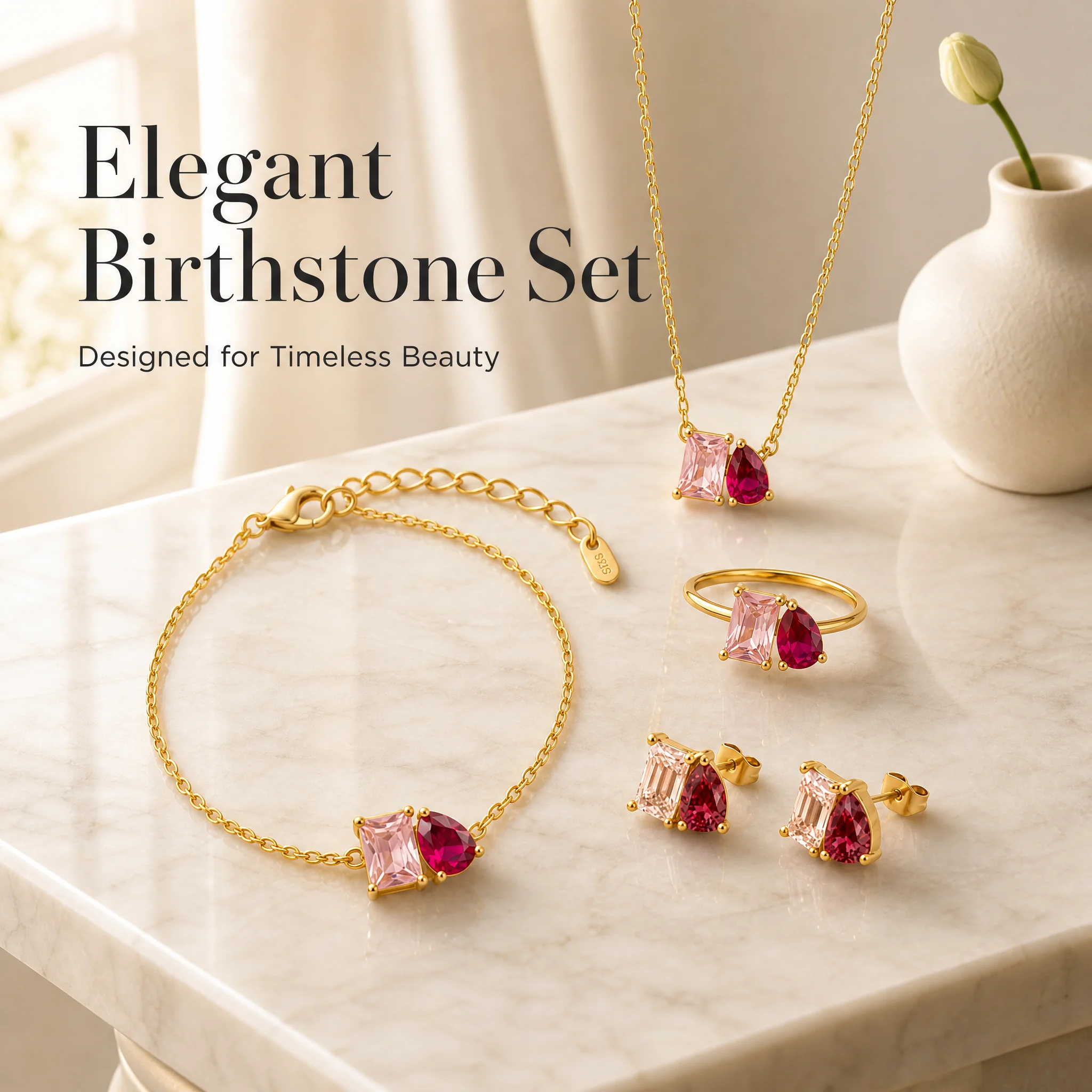 Dainty Toi et Moi Birthstone Jewelry Set Non Tarnish Waterproof Stainless Steel Emerald Pear Cut Crystal Jewelry Set for Woman