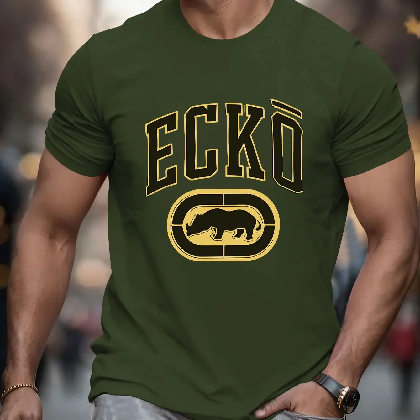 Men Ecko Centered Symmetric Arch Large Varsity Logo Tee Single Layer Rhino Silhouette Lightweight Office Daily Cotton Shirt