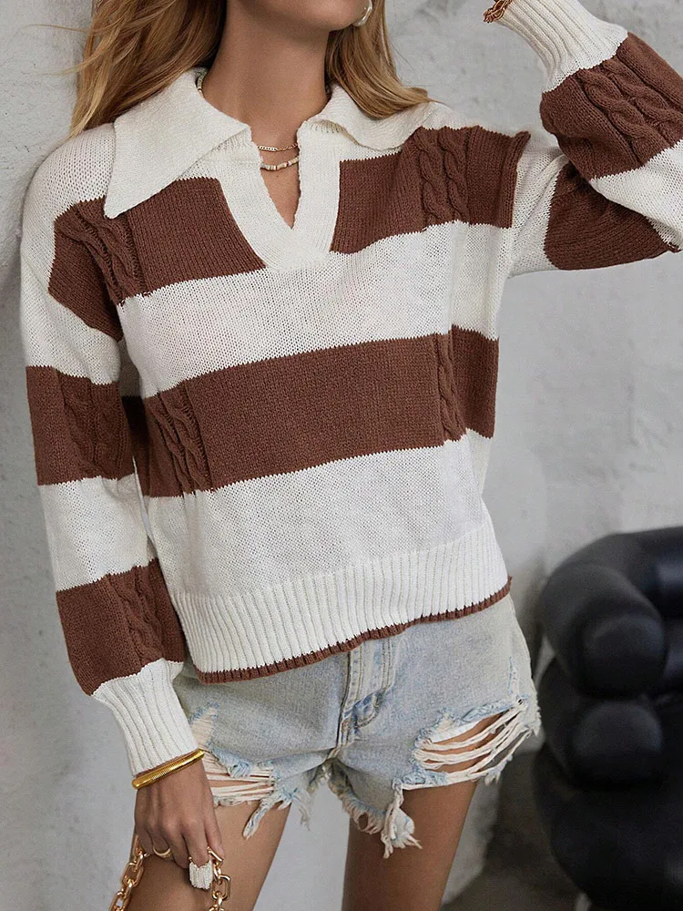 سترة نسائية محبوكة مخططة بلونين كاجوال متعددة الاستخدامات وياقة أنيقة وتصميم بسيط ملابس تريكو عصرية للاستخدام اليومي