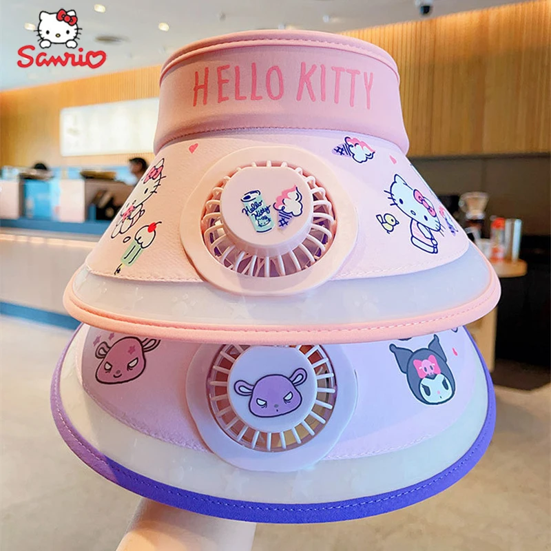 산리오 헬로 키티 Y2K 멜로디 선풍기 모자, 귀여운 쿠로미 시나모롤 포차코, USB 충전 선풍기 태양 모자, 만화 어린이 태양 모자 선물 