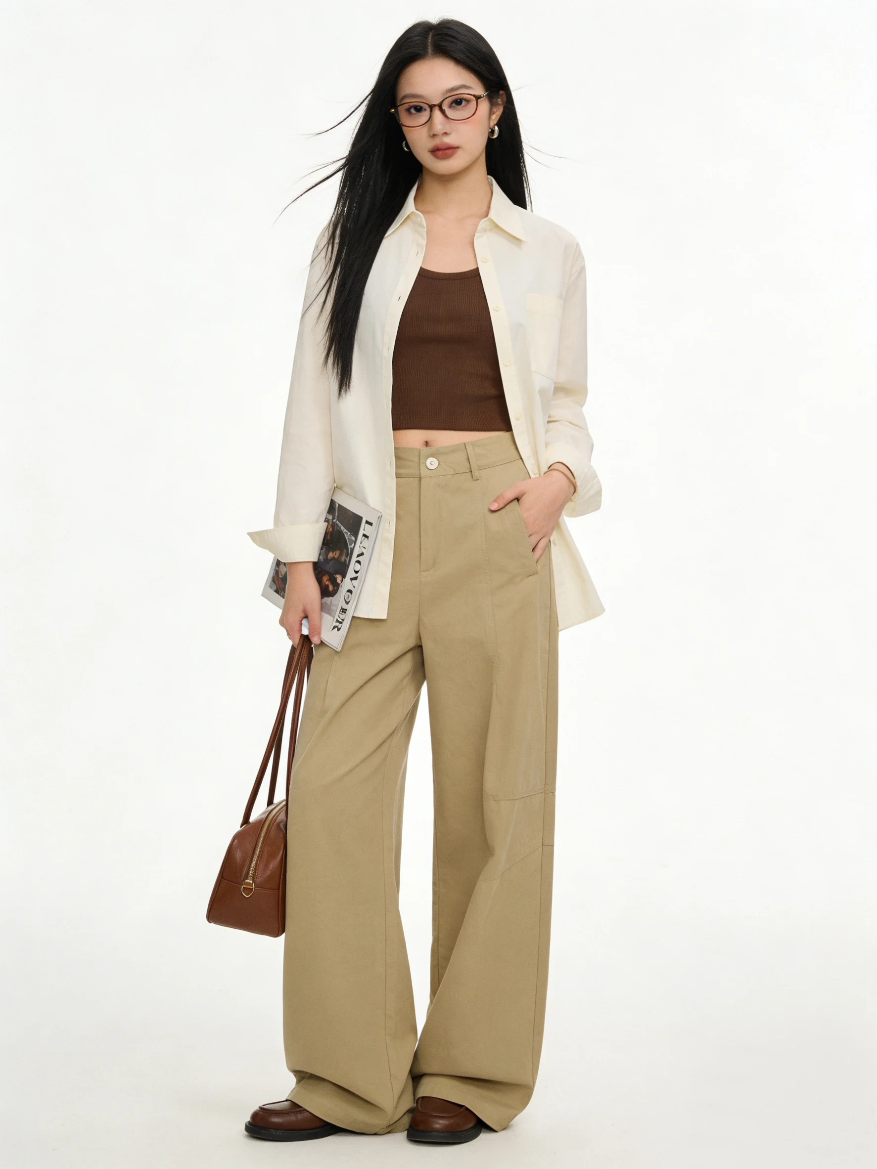 

Khaki Vintage High Waist Wide Leg Jeans Loose Fitting Slimming Versatile Korean Style Commute Long Pants Early Spring