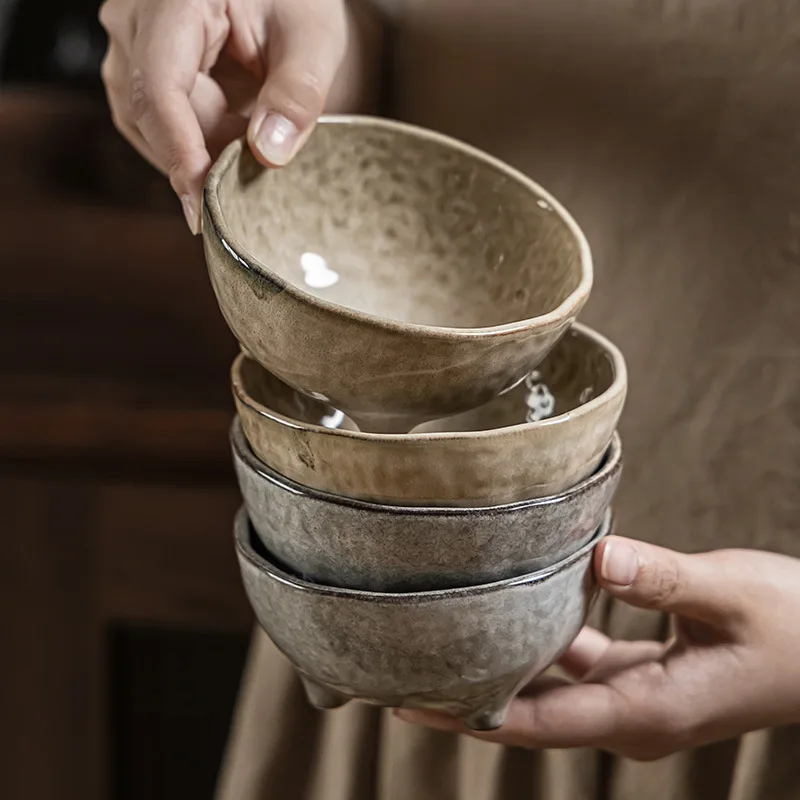 Triangular Foot Glaze Change Retro Ceramic Rice Bowl Unique Home Dessert Porcelain Soup Bowl